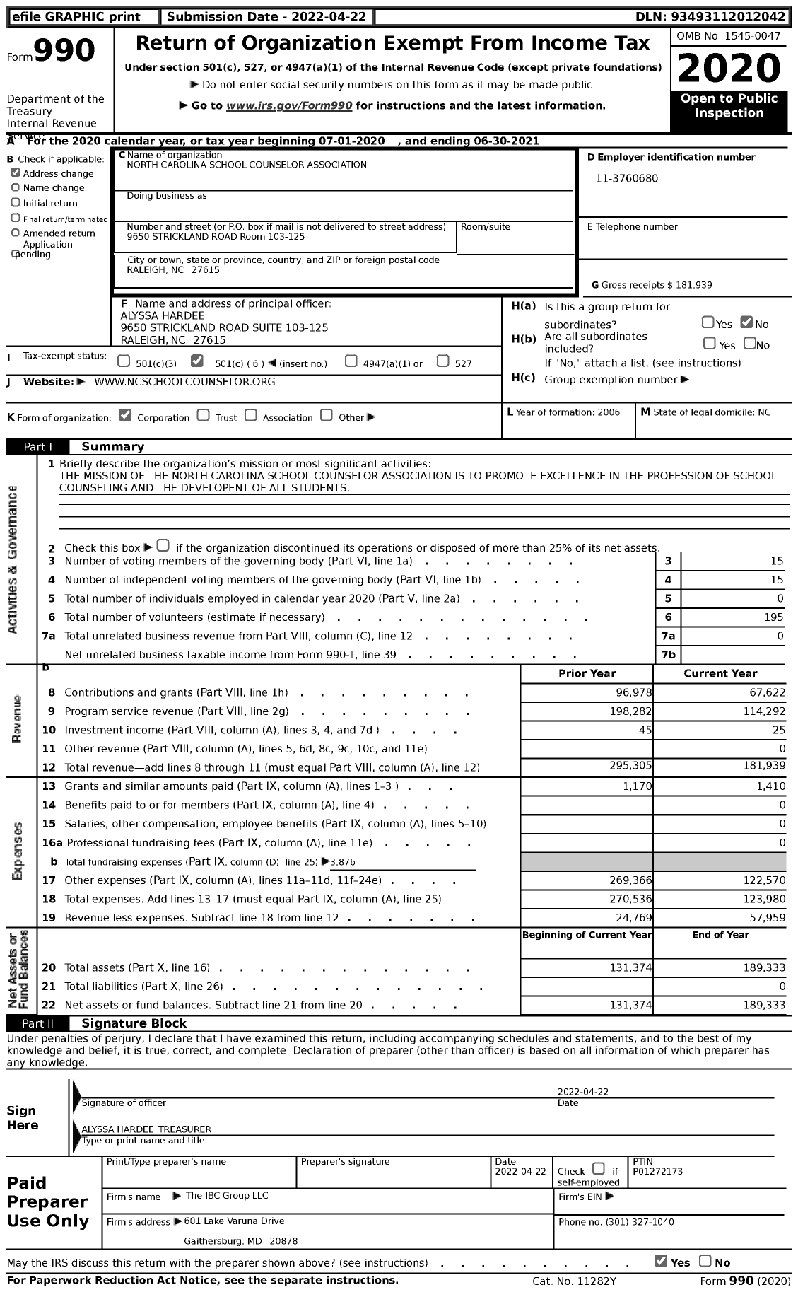 Image of first page of 2020 Form 990 for North Carolina School Counselor Association (NCSCA)