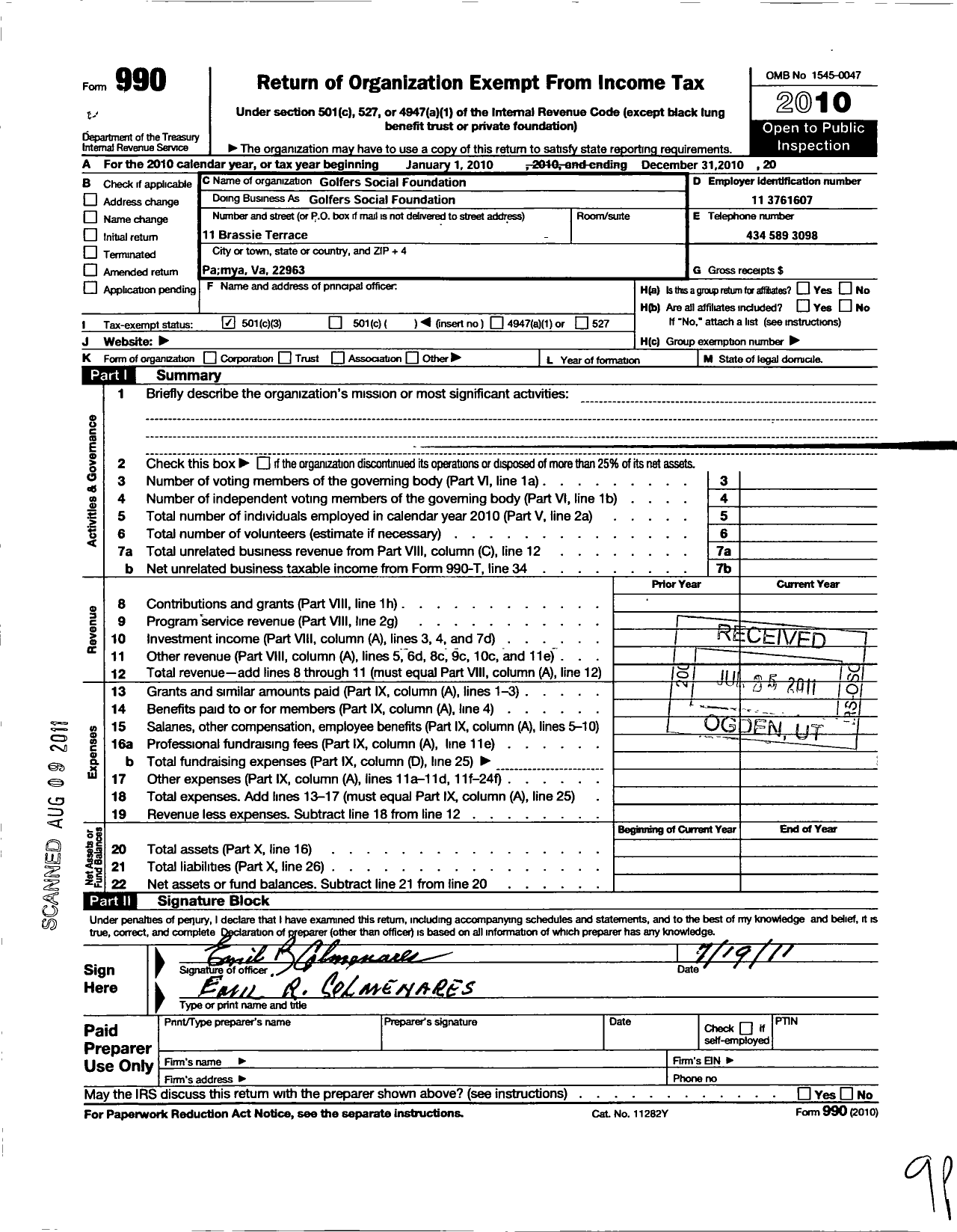 Image of first page of 2010 Form 990 for Youth Golf Foundation