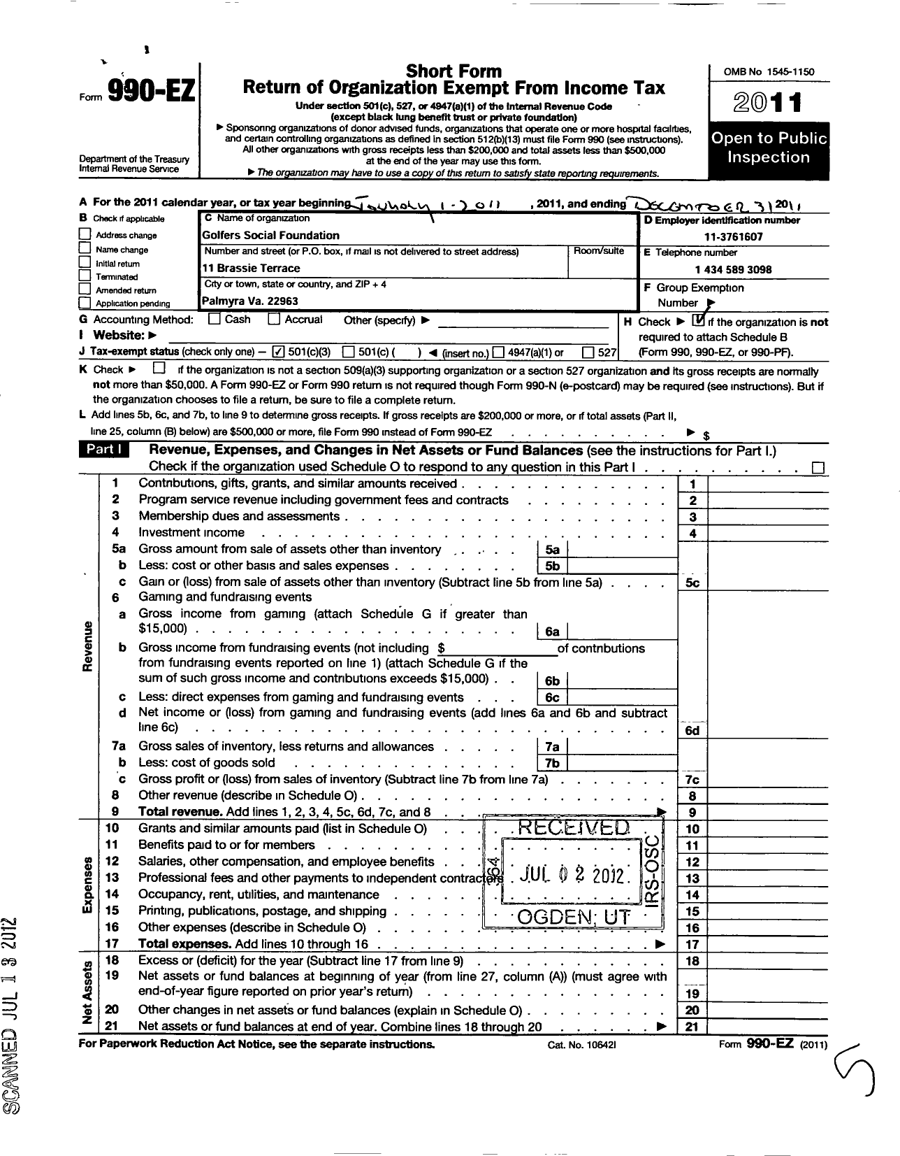 Image of first page of 2011 Form 990EZ for Youth Golf Foundation