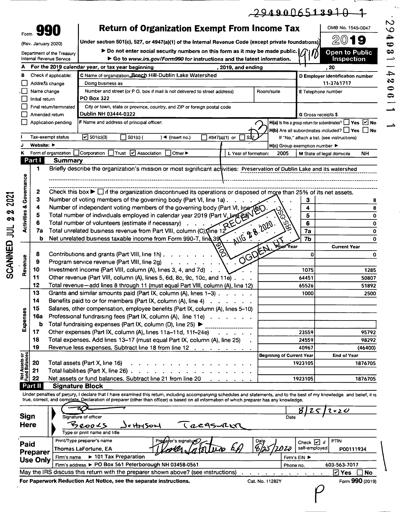 Image of first page of 2019 Form 990 for Beech Hill-Dublin Lake Watershed Association