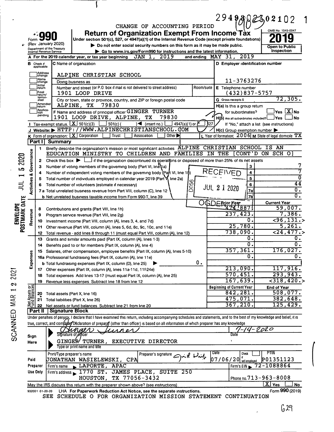 Image of first page of 2018 Form 990 for Alpine Christian School