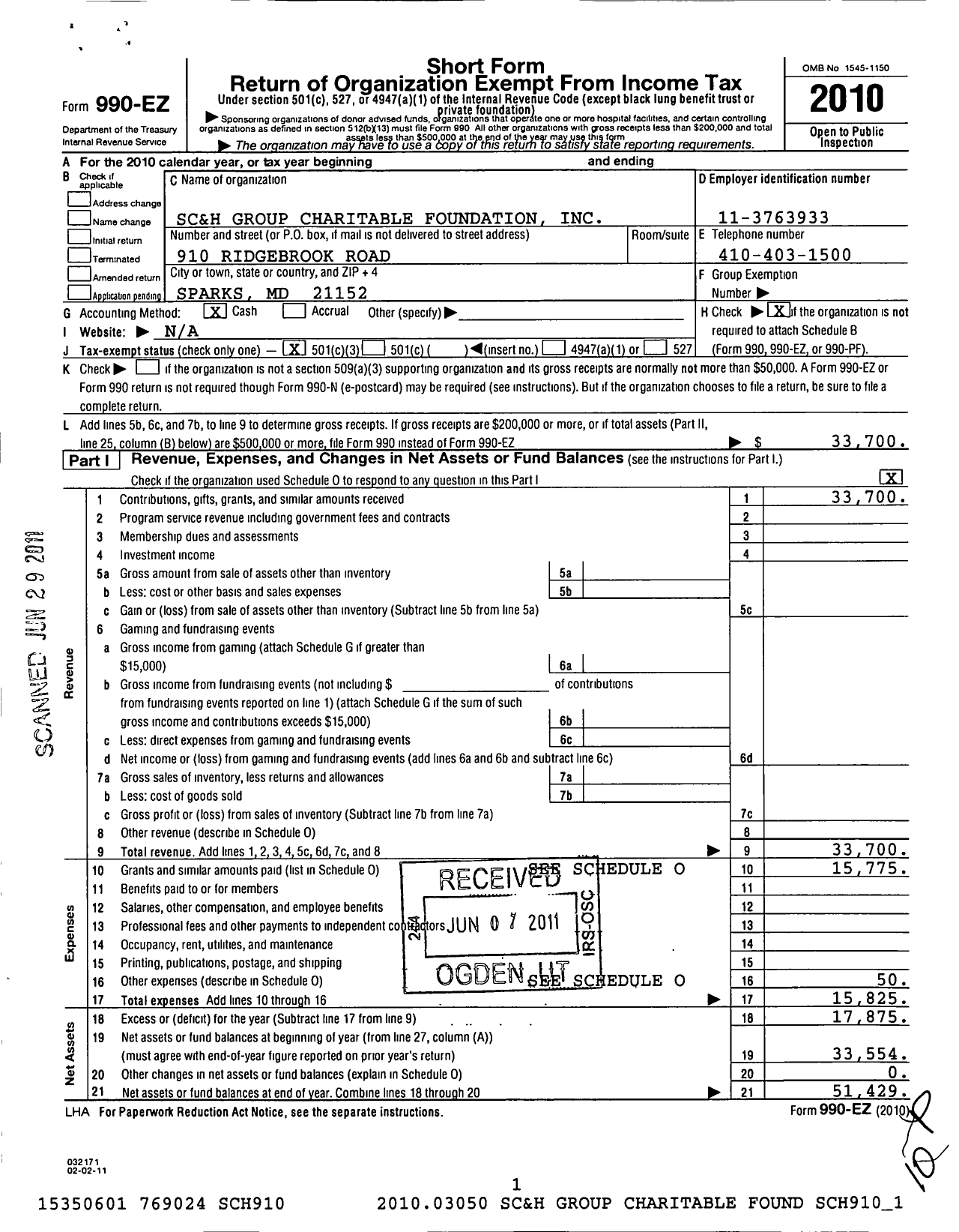 Image of first page of 2010 Form 990EZ for SC&H Group Charitable Foundation