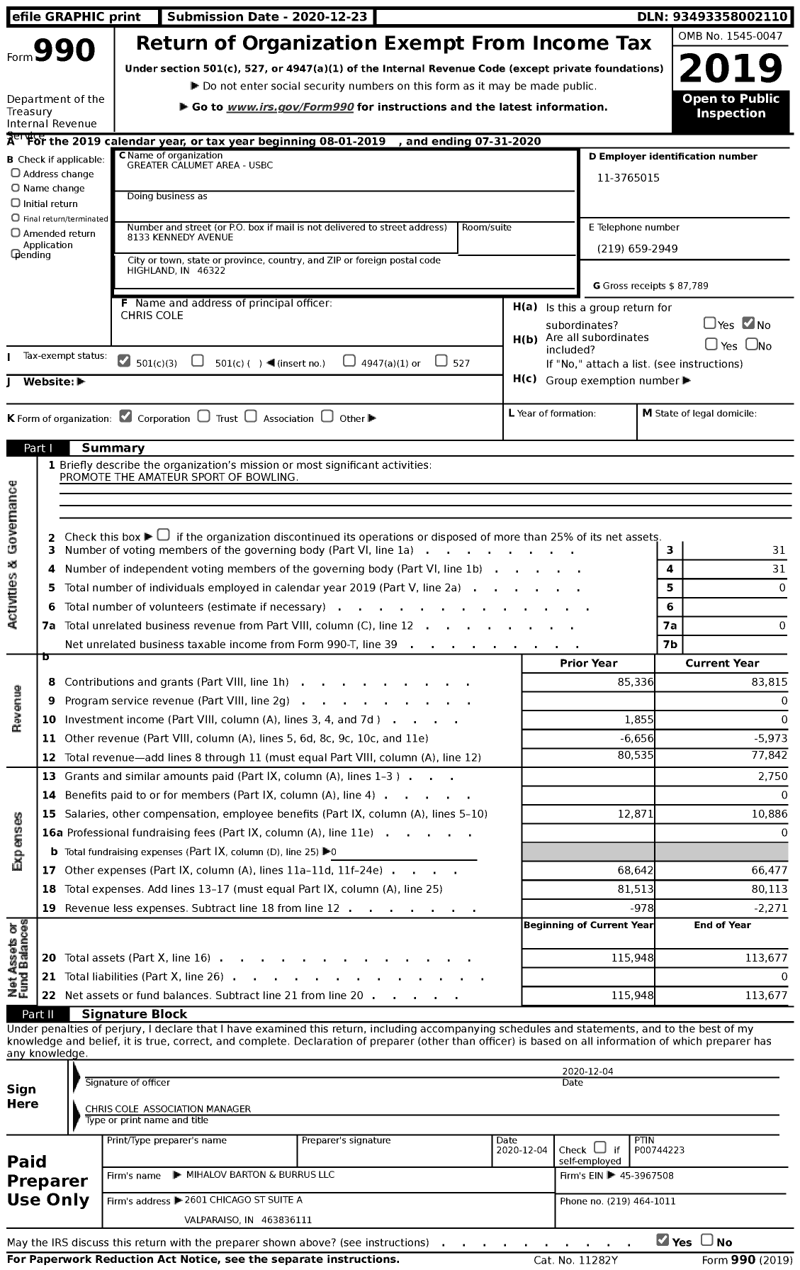 Image of first page of 2019 Form 990 for United States Bowling Congress - 86391 GR Calumet Area Usbc