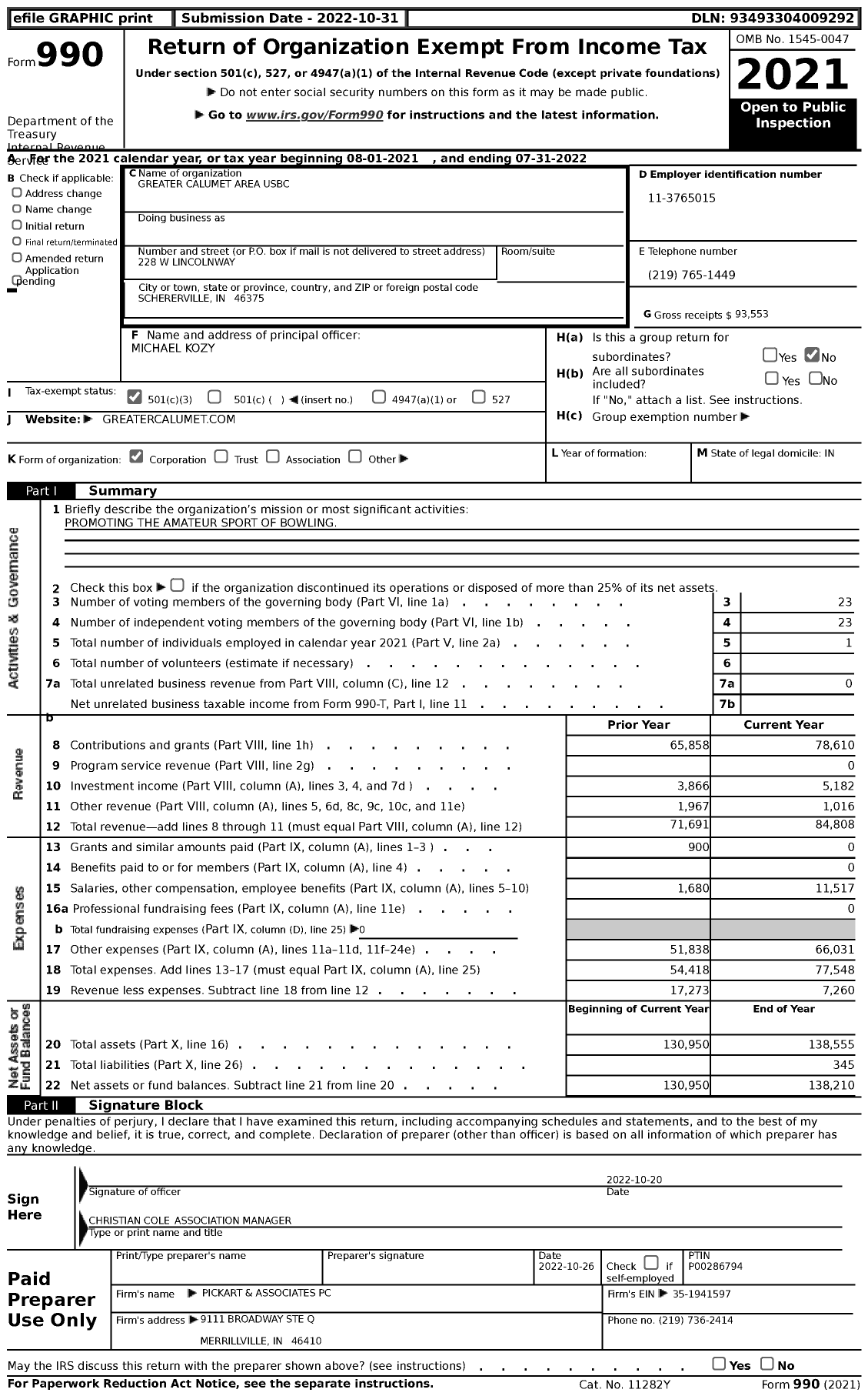 Image of first page of 2021 Form 990 for United States Bowling Congress - 86391 GR Calumet Area Usbc