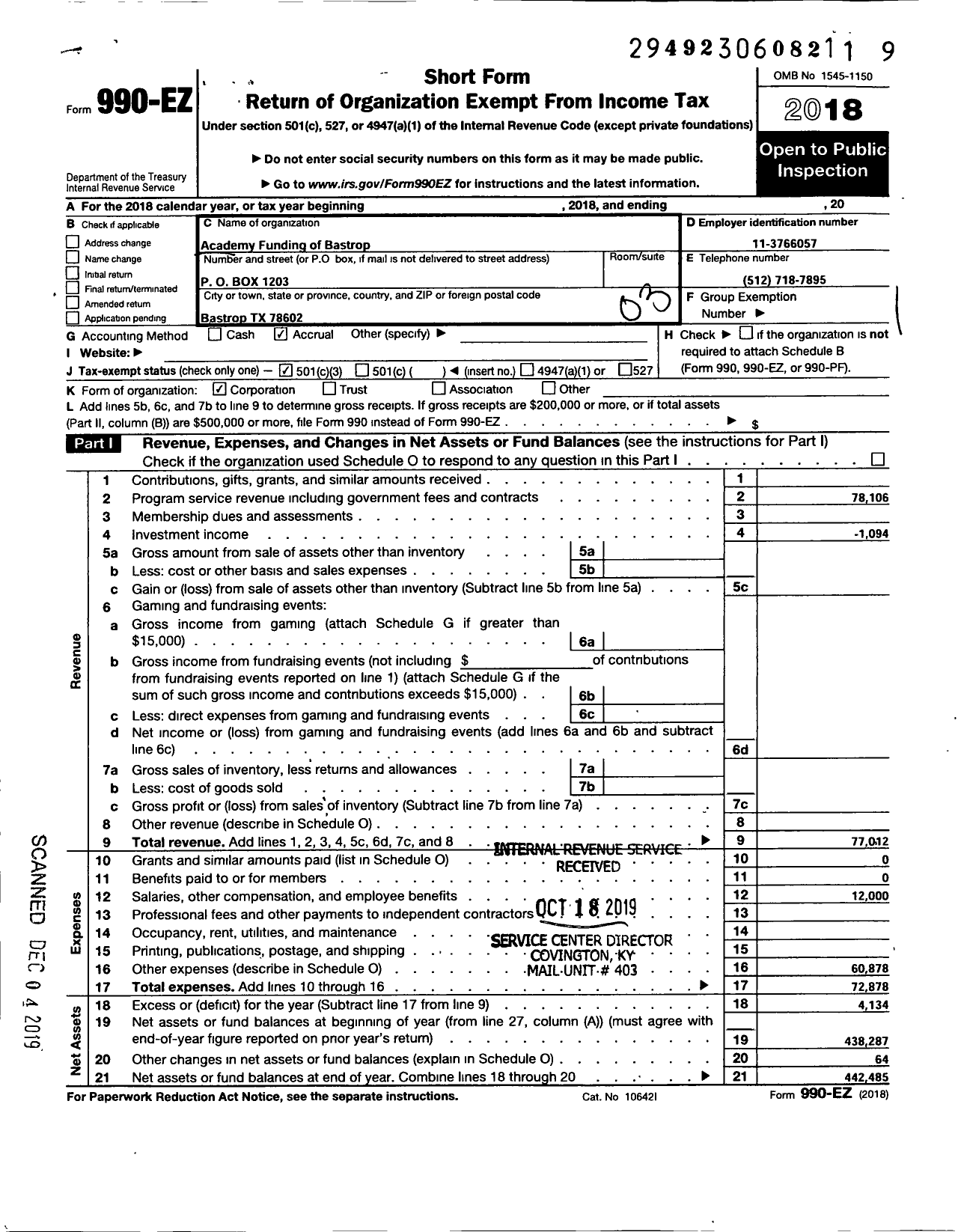 Image of first page of 2018 Form 990EZ for Academy Funding of Bastrop (AFB)