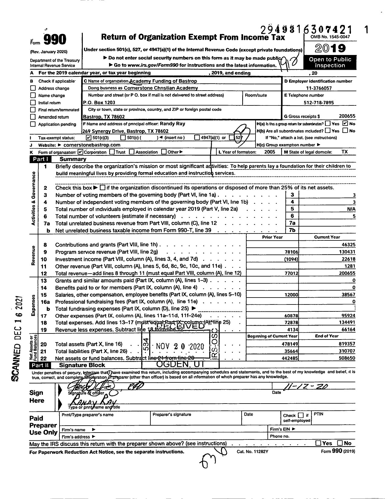 Image of first page of 2019 Form 990 for Academy Funding of Bastrop (AFB)