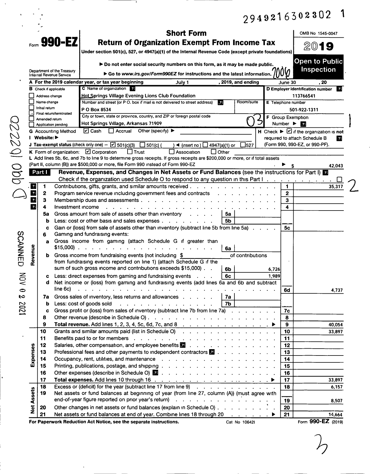 Image of first page of 2019 Form 990EZ for Hot Springs Village Evening Lions Club Foundation