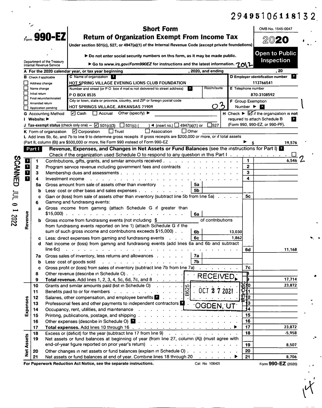 Image of first page of 2020 Form 990EZ for Hot Springs Village Evening Lions Club Foundation