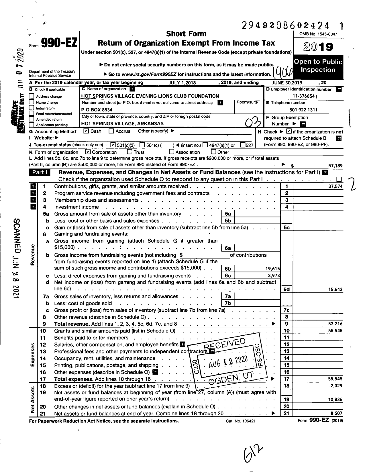 Image of first page of 2018 Form 990EZ for Hot Springs Village Evening Lions Club Foundation