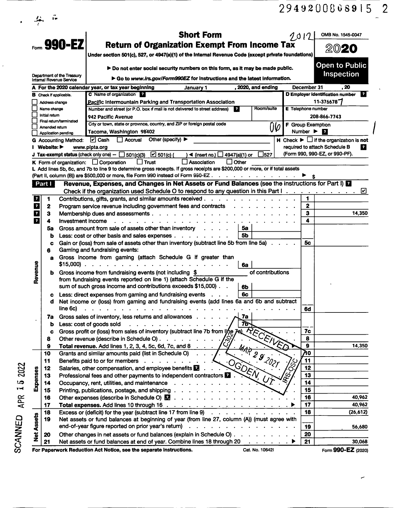 Image of first page of 2020 Form 990EO for Pacific Intermountain Parking and Transportation Association