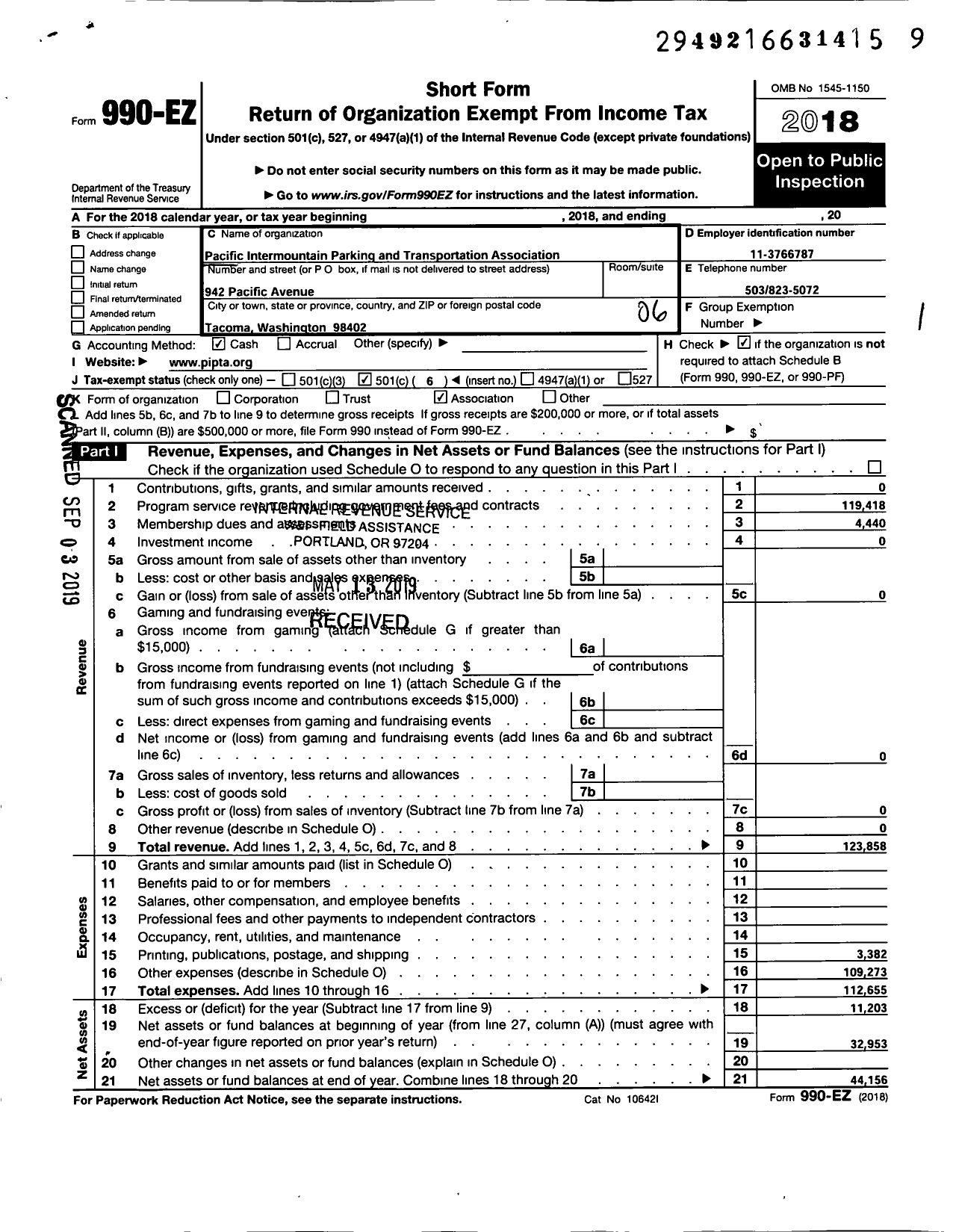 Image of first page of 2018 Form 990EO for Pacific Intermountain Parking and Transportation Association