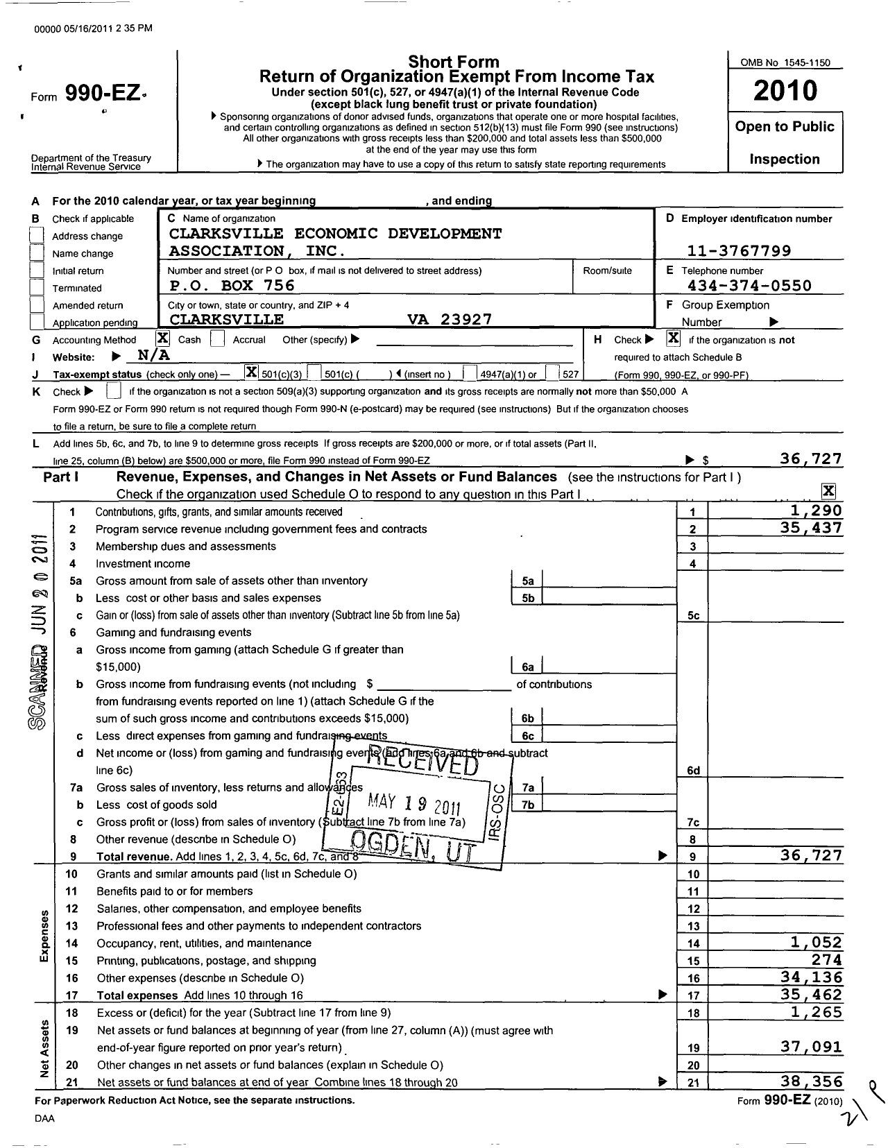 Image of first page of 2010 Form 990EZ for Clarksville Economic Development Association