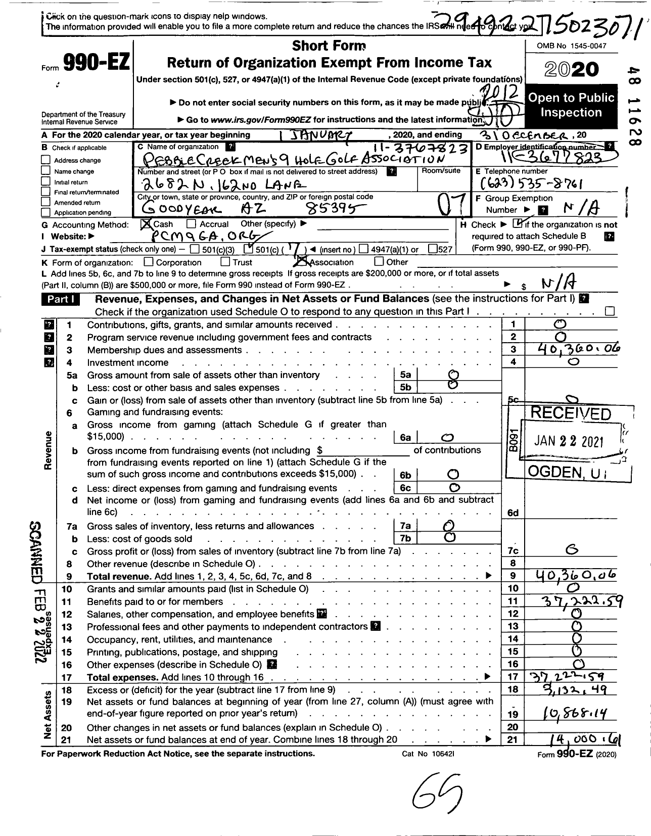 Image of first page of 2020 Form 990EO for Pebblecreek Mens 9 Hole Golf Association