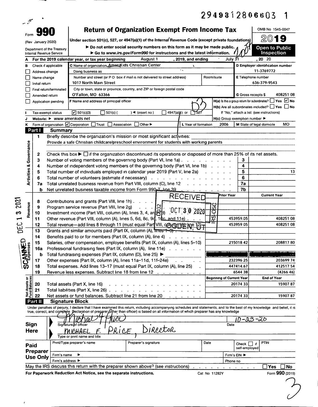 Image of first page of 2019 Form 990 for Amerikids Christian Center