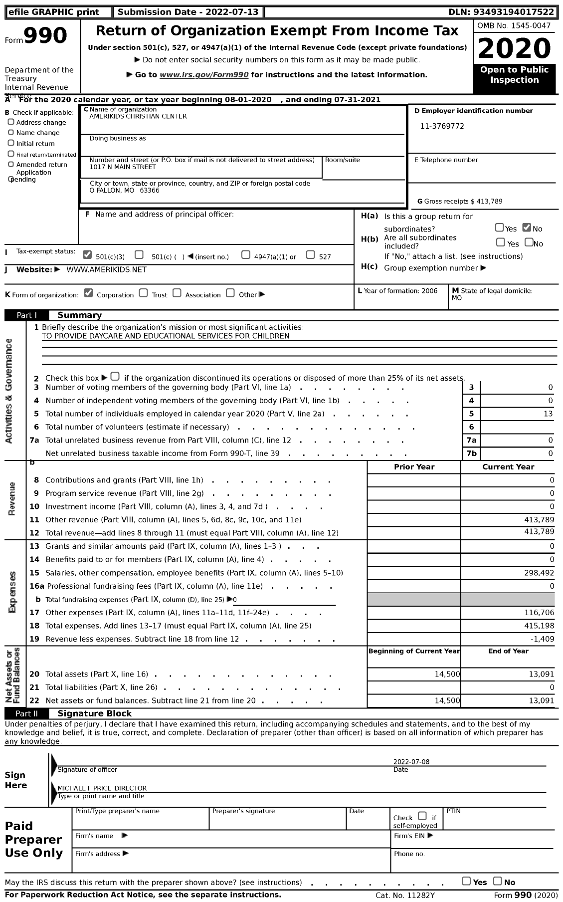 Image of first page of 2020 Form 990 for Amerikids Christian Center