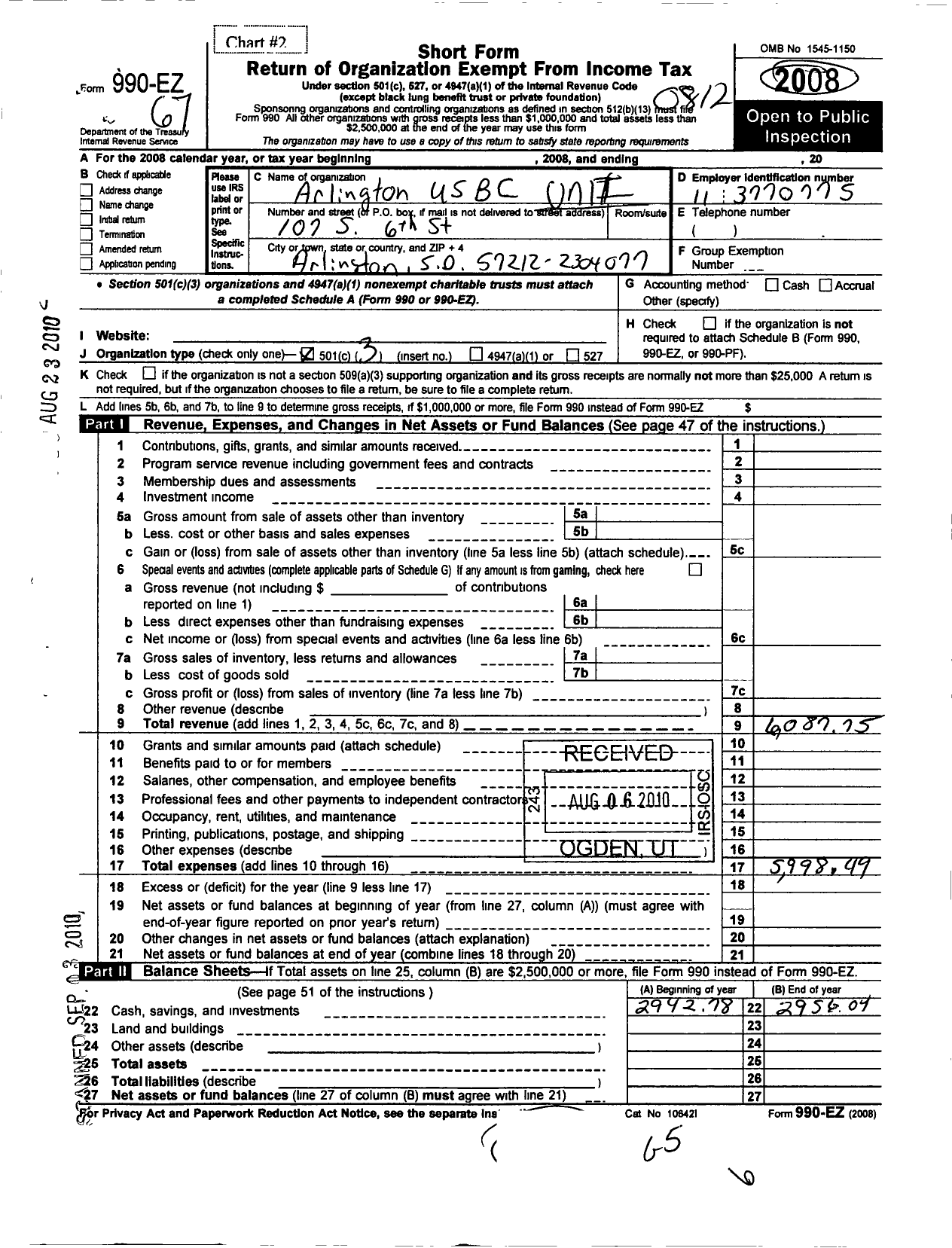 Image of first page of 2008 Form 990EZ for United States Bowling Congress - 80534 Arlington Usbc