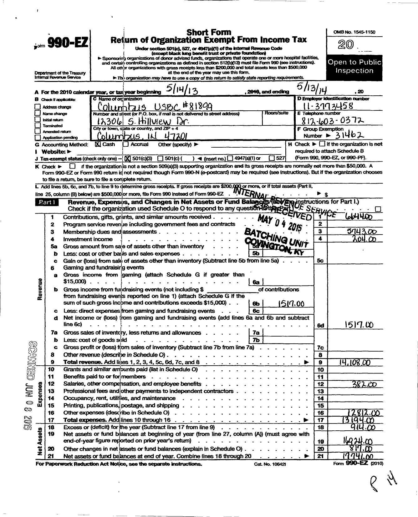 Image of first page of 2013 Form 990EZ for Columbus Usbc 81899 NC Unit