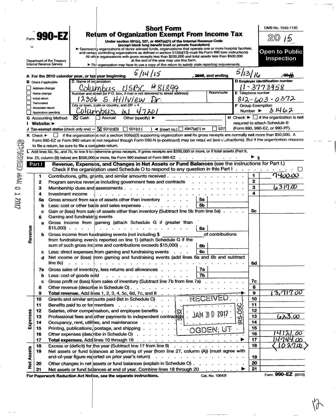 Image of first page of 2015 Form 990EZ for Columbus Usbc 81899 NC Unit