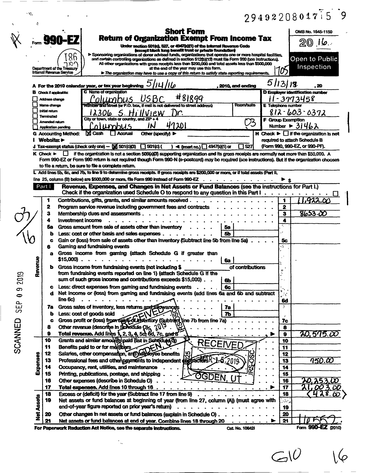 Image of first page of 2016 Form 990EZ for Columbus Usbc 81899 NC Unit