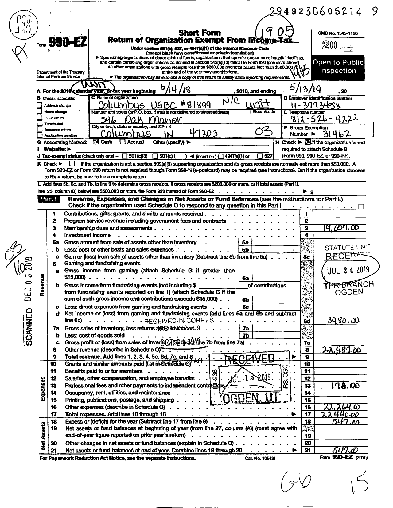 Image of first page of 2018 Form 990EZ for Columbus Usbc 81899 NC Unit