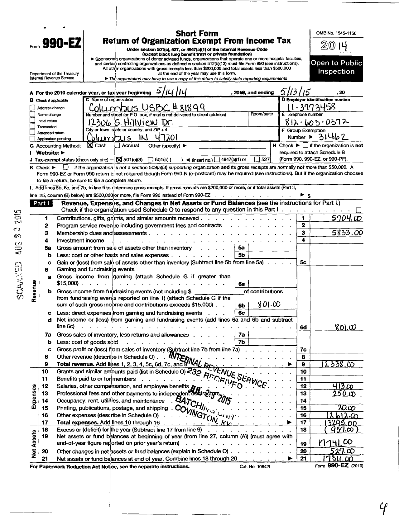 Image of first page of 2014 Form 990EZ for Columbus Usbc 81899 NC Unit