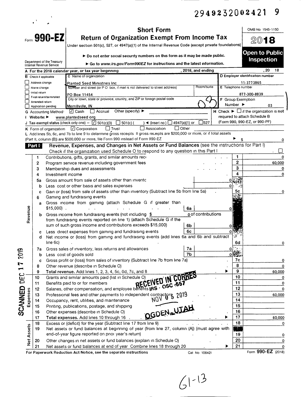 Image of first page of 2018 Form 990EZ for Planted Seed Ministries