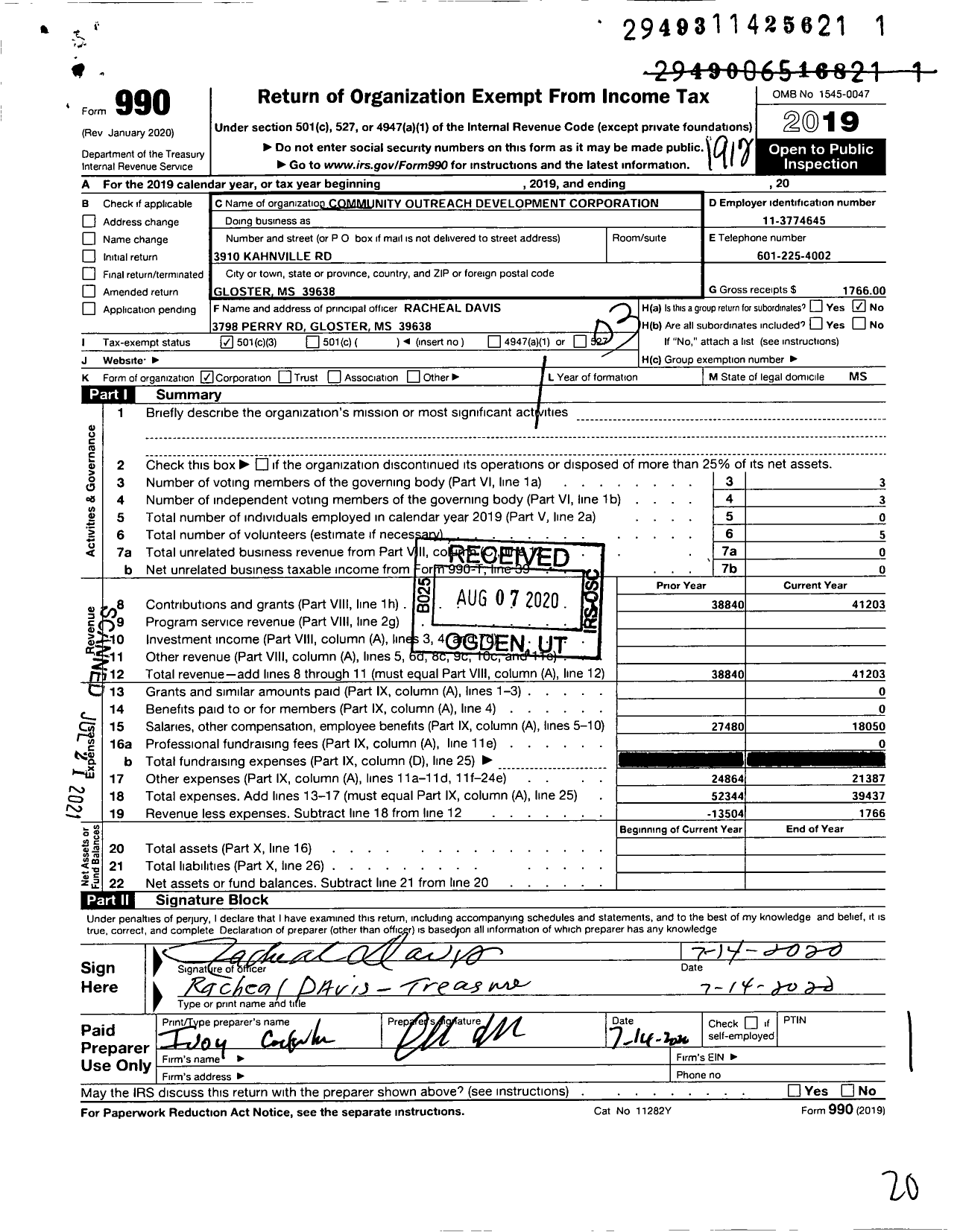 Image of first page of 2019 Form 990 for Community Outreach Development Corporation