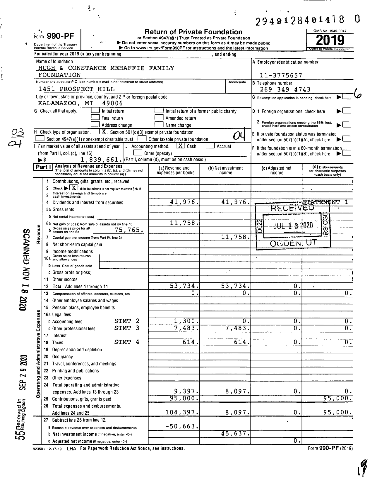 Image of first page of 2019 Form 990PF for Hugh and Constance Mehaffie Family Foundation