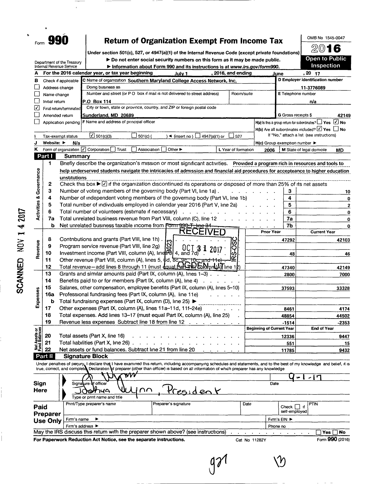 Image of first page of 2016 Form 990 for Southern Maryland College Access Network