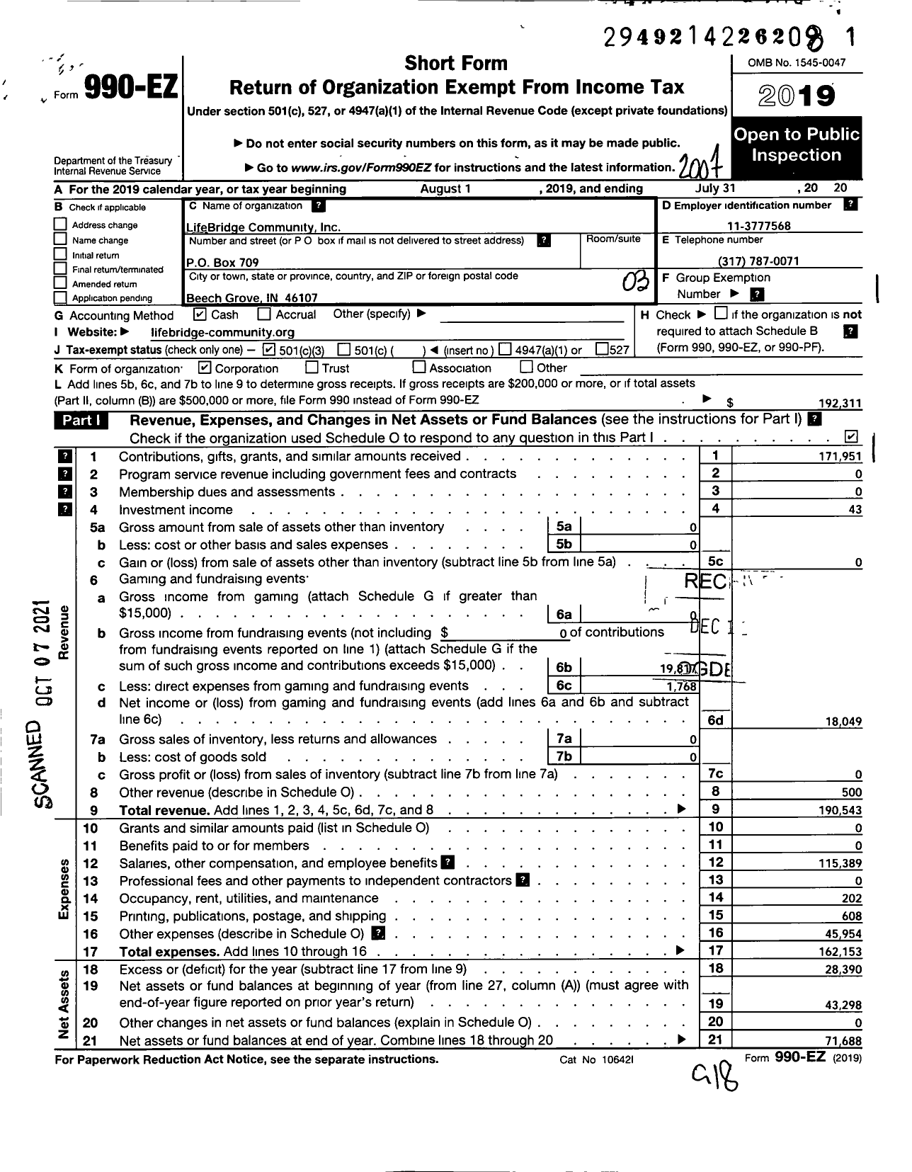 Image of first page of 2019 Form 990EZ for Lifebridge Community Incorporated