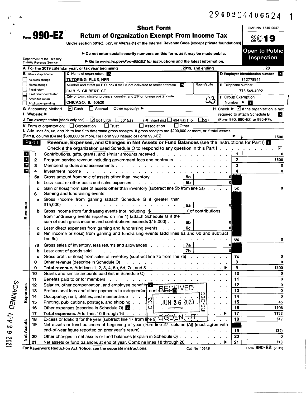 Image of first page of 2019 Form 990EZ for Tutoring Plus NFP