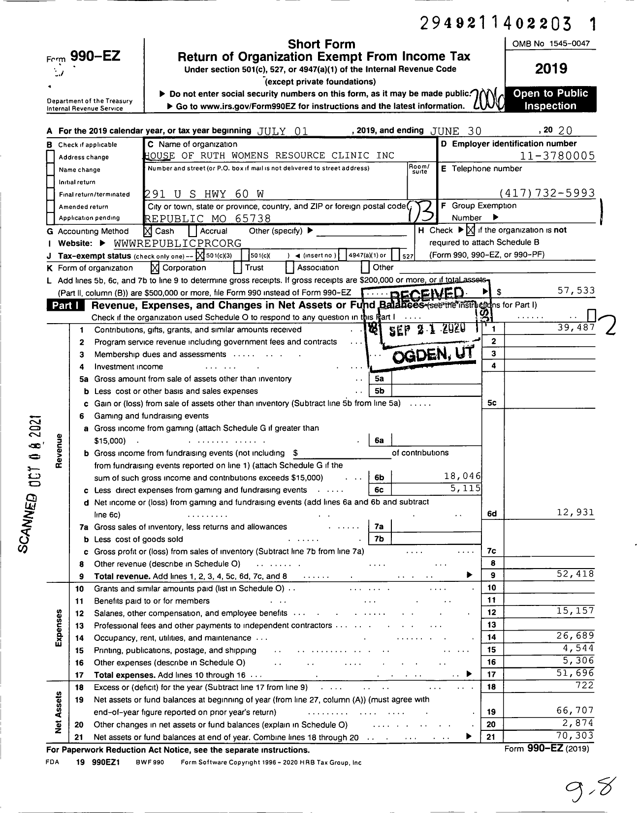 Image of first page of 2019 Form 990EZ for House of Ruth Womens Resource Center