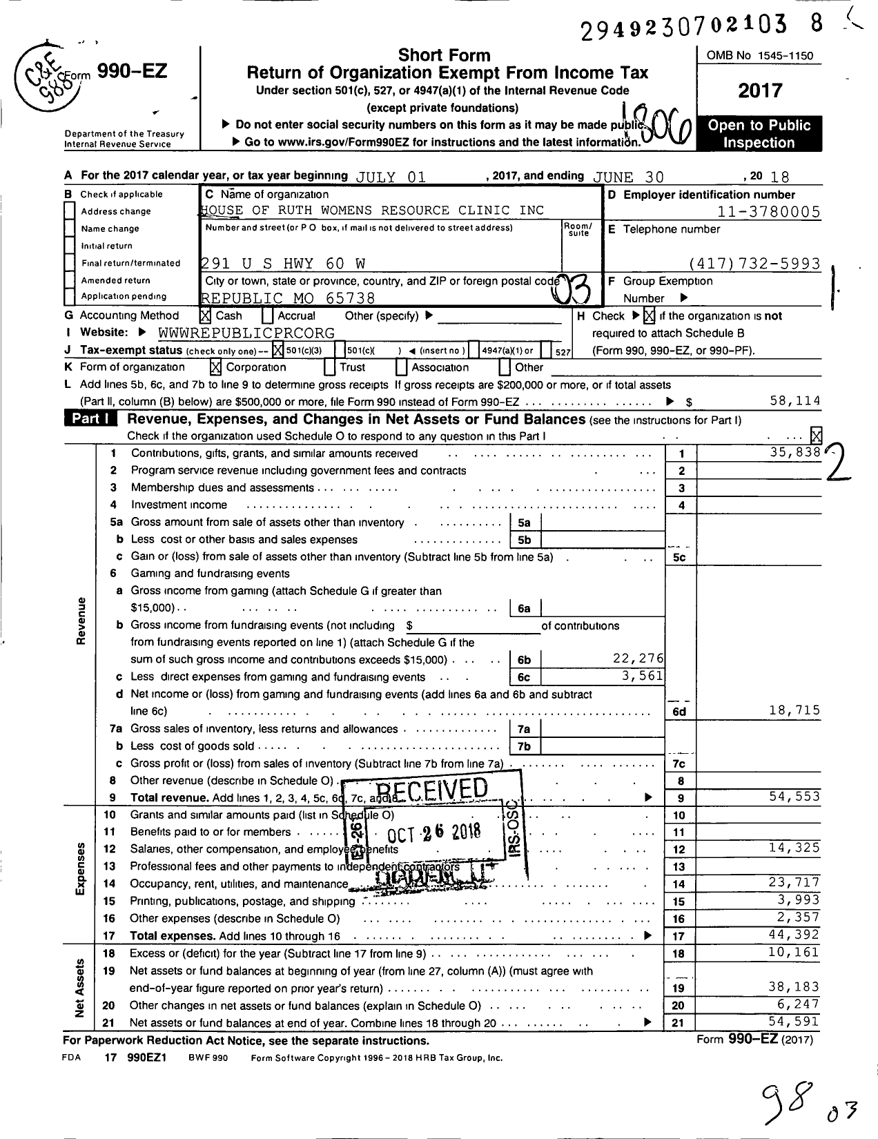 Image of first page of 2017 Form 990EZ for House of Ruth Womens Resource Center