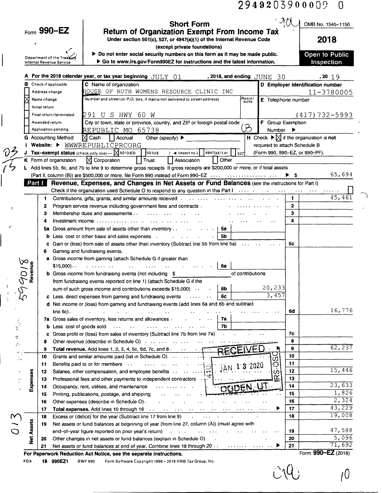 Image of first page of 2018 Form 990EZ for House of Ruth Womens Resource Center