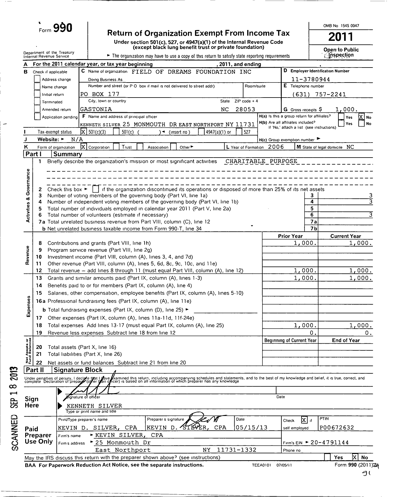 Image of first page of 2011 Form 990 for Field of Dreams Foundation