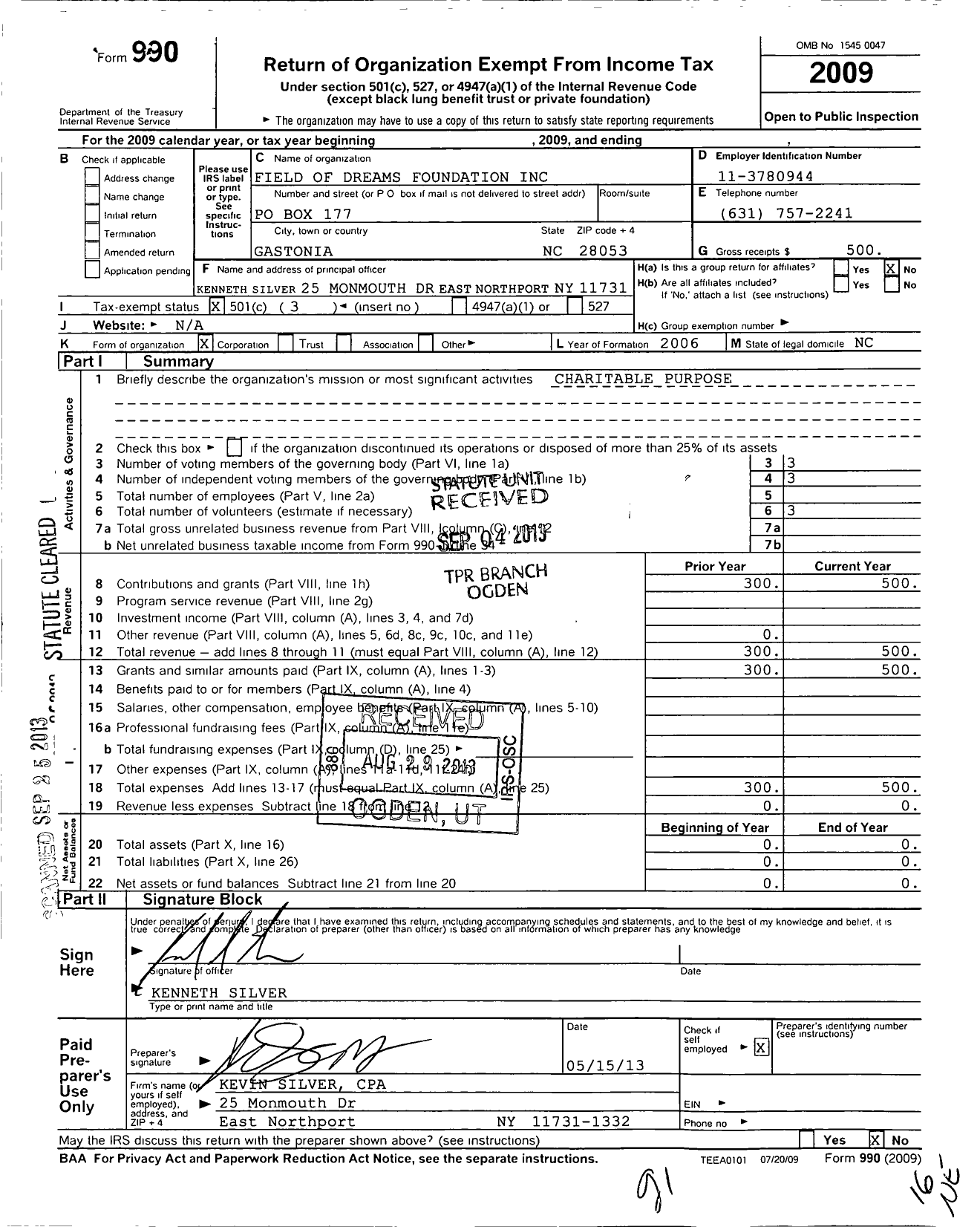 Image of first page of 2009 Form 990 for Field of Dreams Foundation