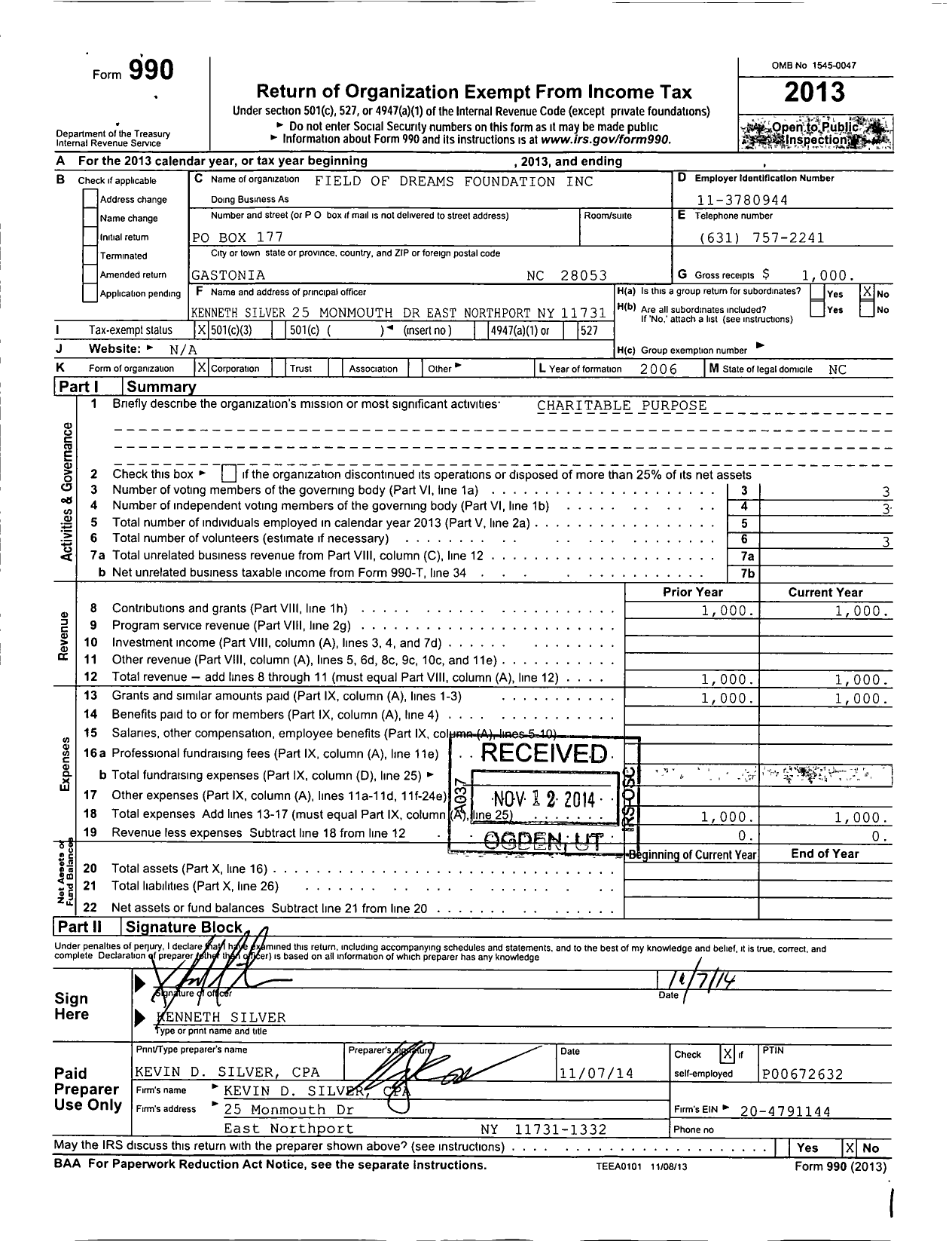 Image of first page of 2013 Form 990 for Field of Dreams Foundation