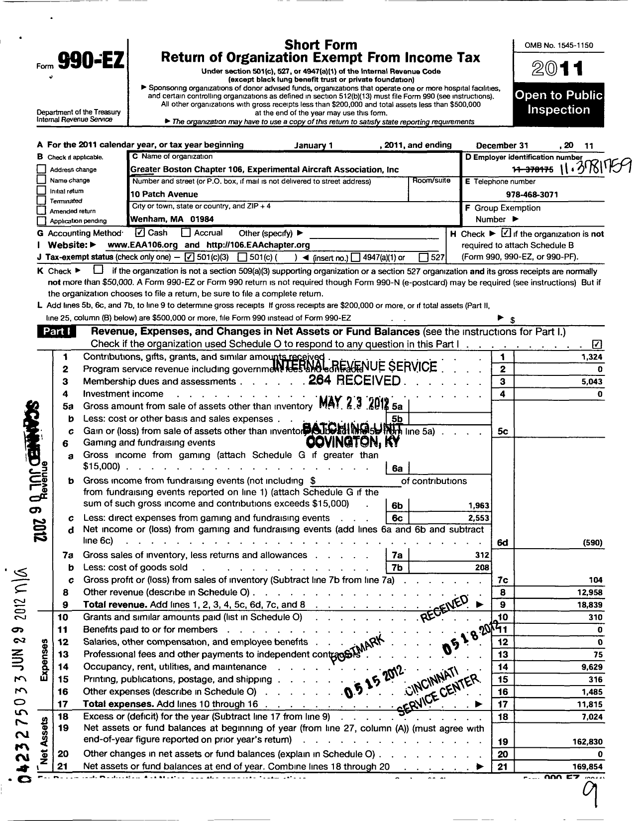 Image of first page of 2011 Form 990EZ for Greater Boston Chapter 106 of the Experimental Aircraft Association