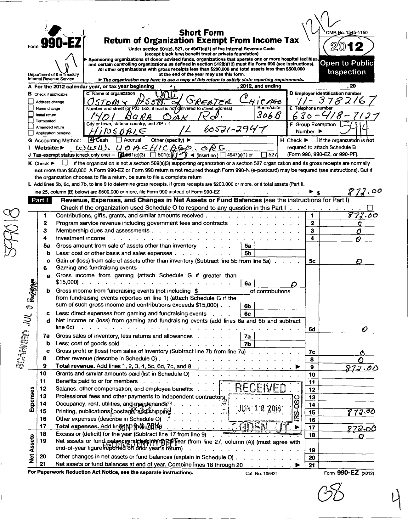 Image of first page of 2012 Form 990EZ for United Ostomy Associations of America / Greater Chicago Ostomy Association