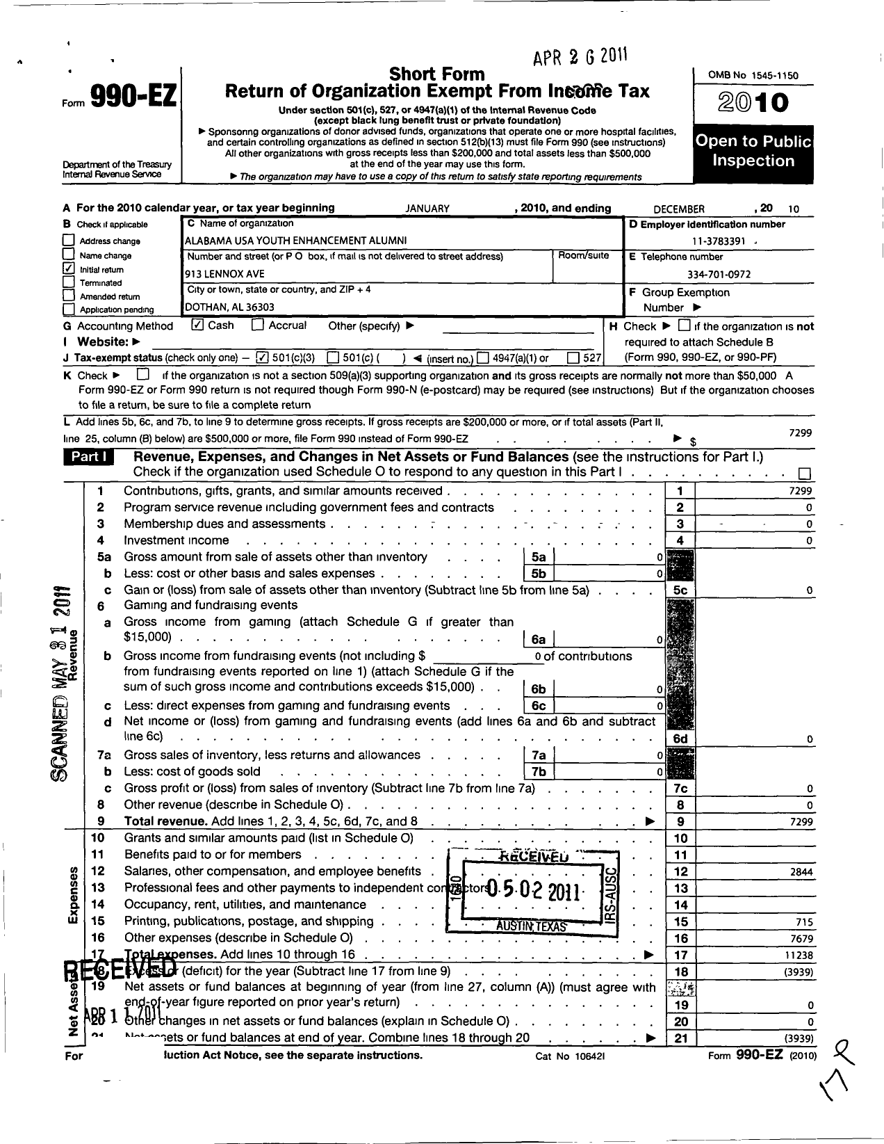 Image of first page of 2010 Form 990EZ for Alabama USA Youth Enhancement Alumni