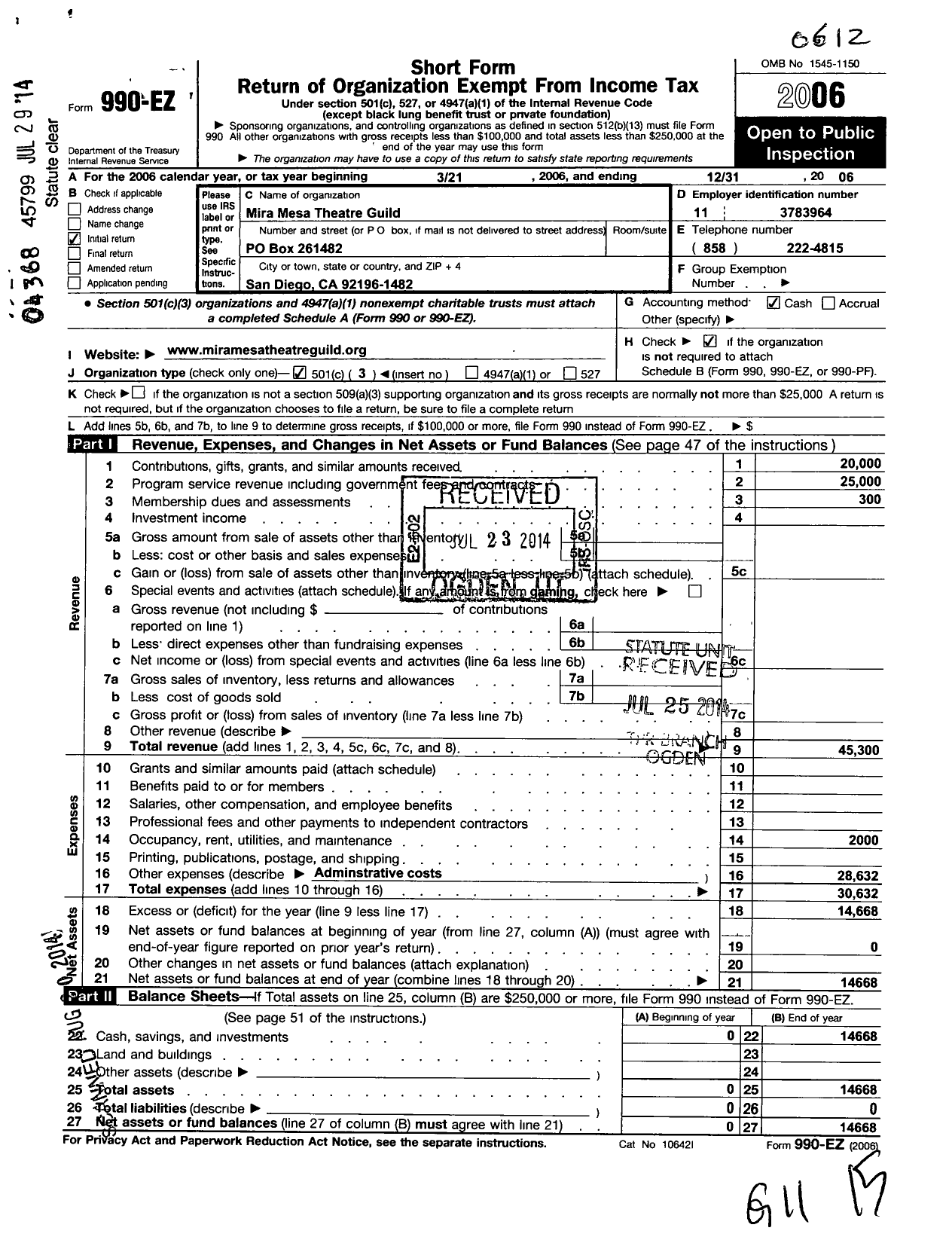 Image of first page of 2006 Form 990EZ for Mira Mesa Theatre Guild