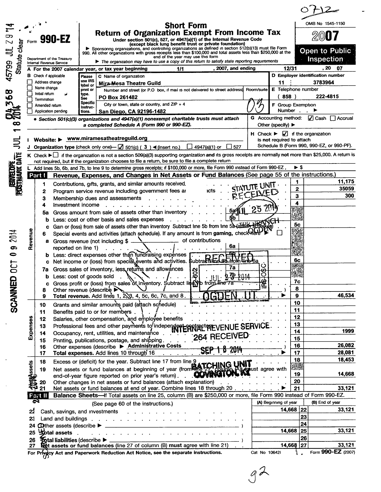 Image of first page of 2007 Form 990EZ for Mira Mesa Theatre Guild