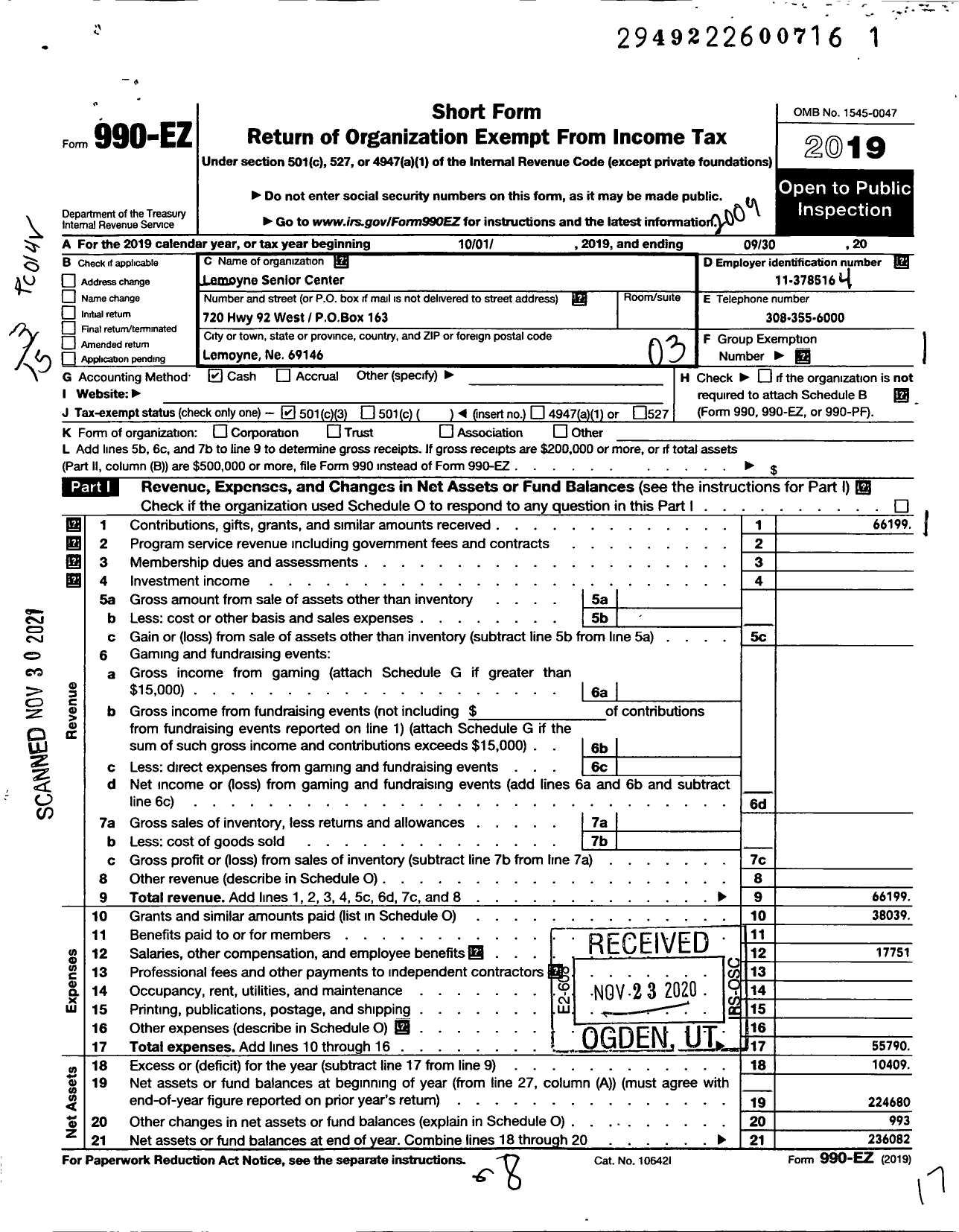 Image of first page of 2019 Form 990EZ for Lemoyne Senior Center