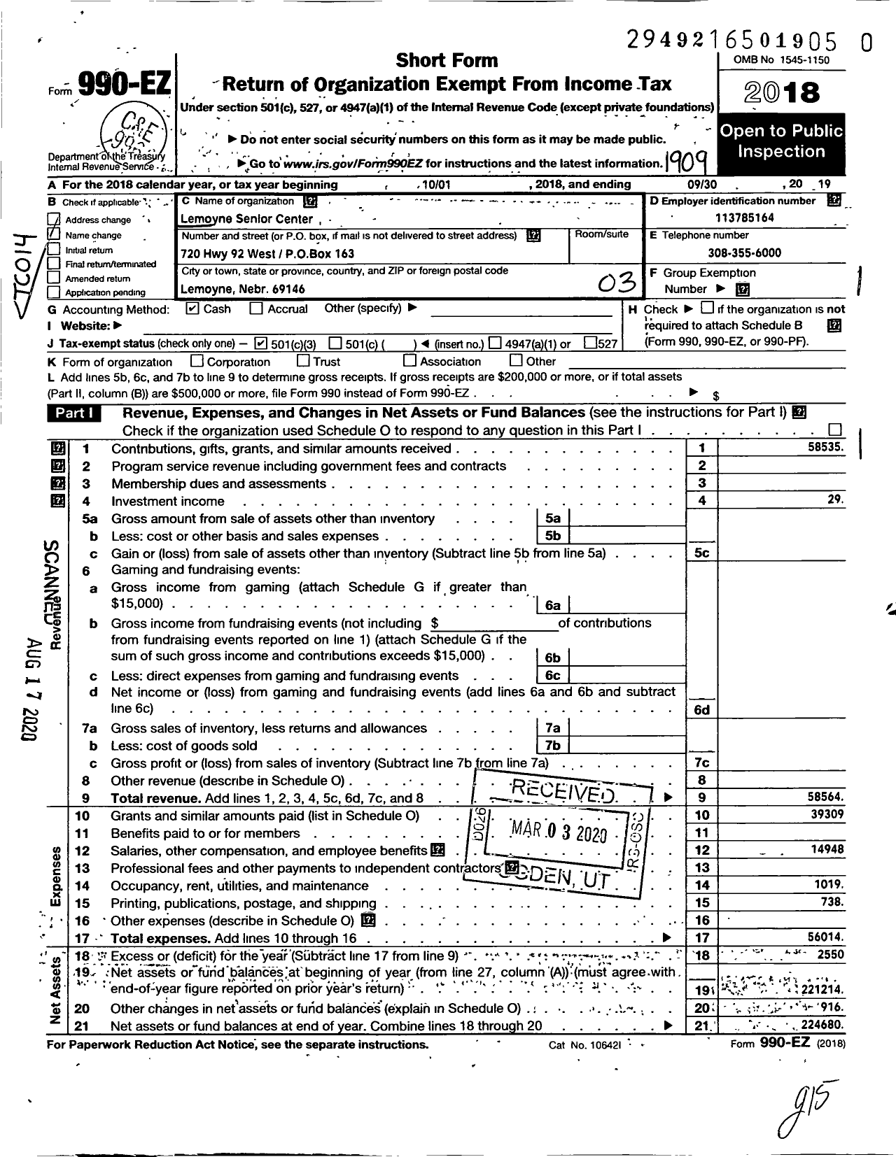 Image of first page of 2018 Form 990EZ for Lemoyne Senior Center