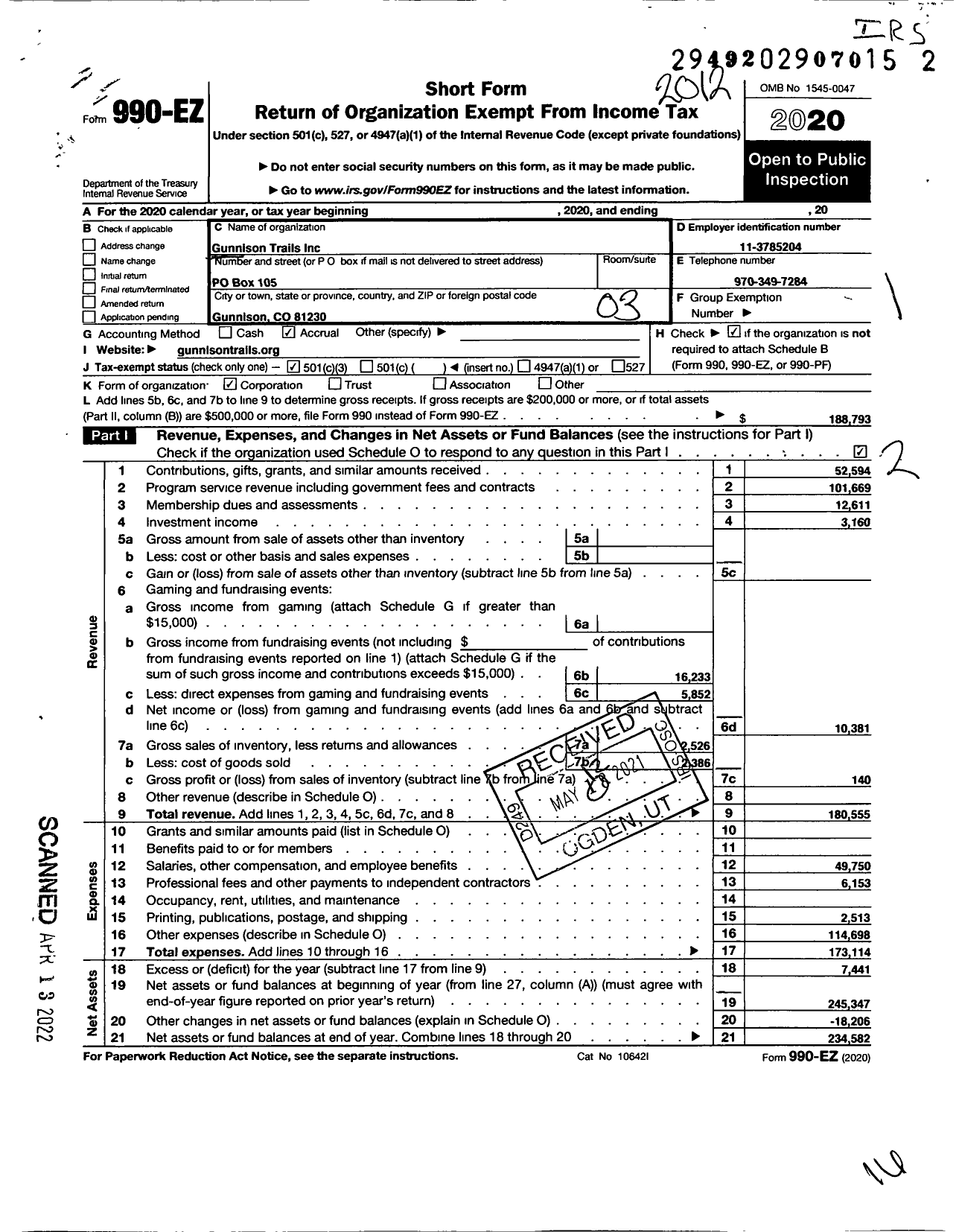 Image of first page of 2020 Form 990EZ for Gunnison Trails