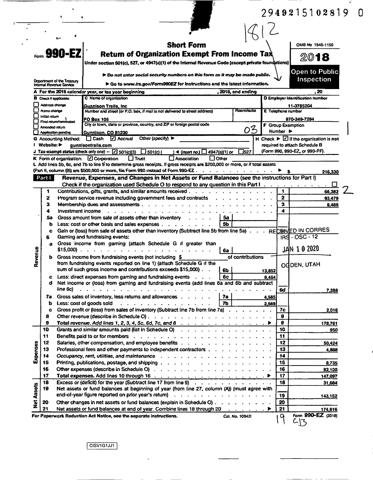 Image of first page of 2018 Form 990EZ for Gunnison Trails