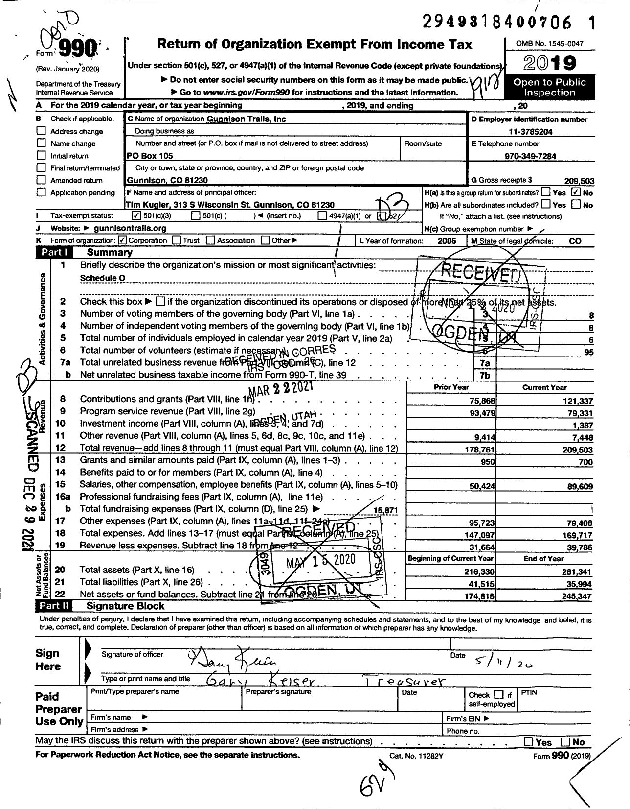 Image of first page of 2019 Form 990 for Gunnison Trails