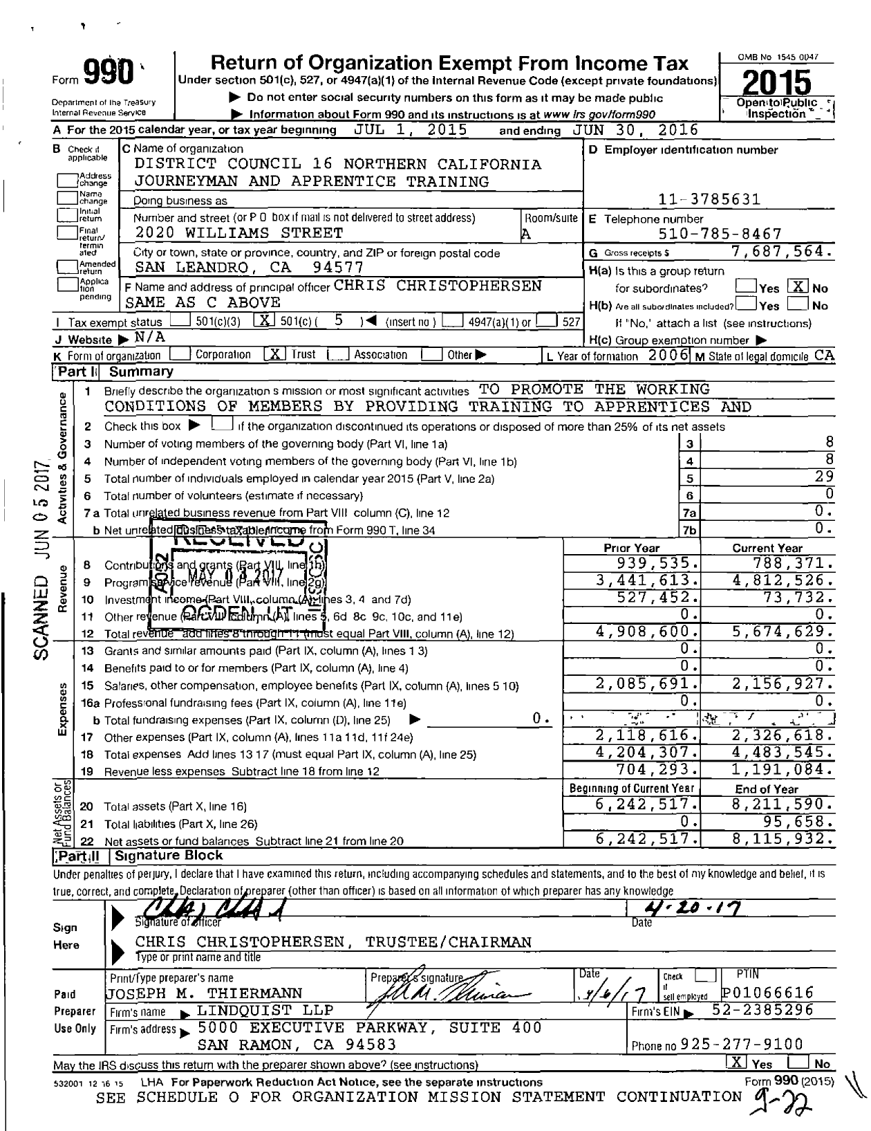 Image of first page of 2015 Form 990O for District Council 16 Northern California Journeyman and Apprentice Training Trust Fund