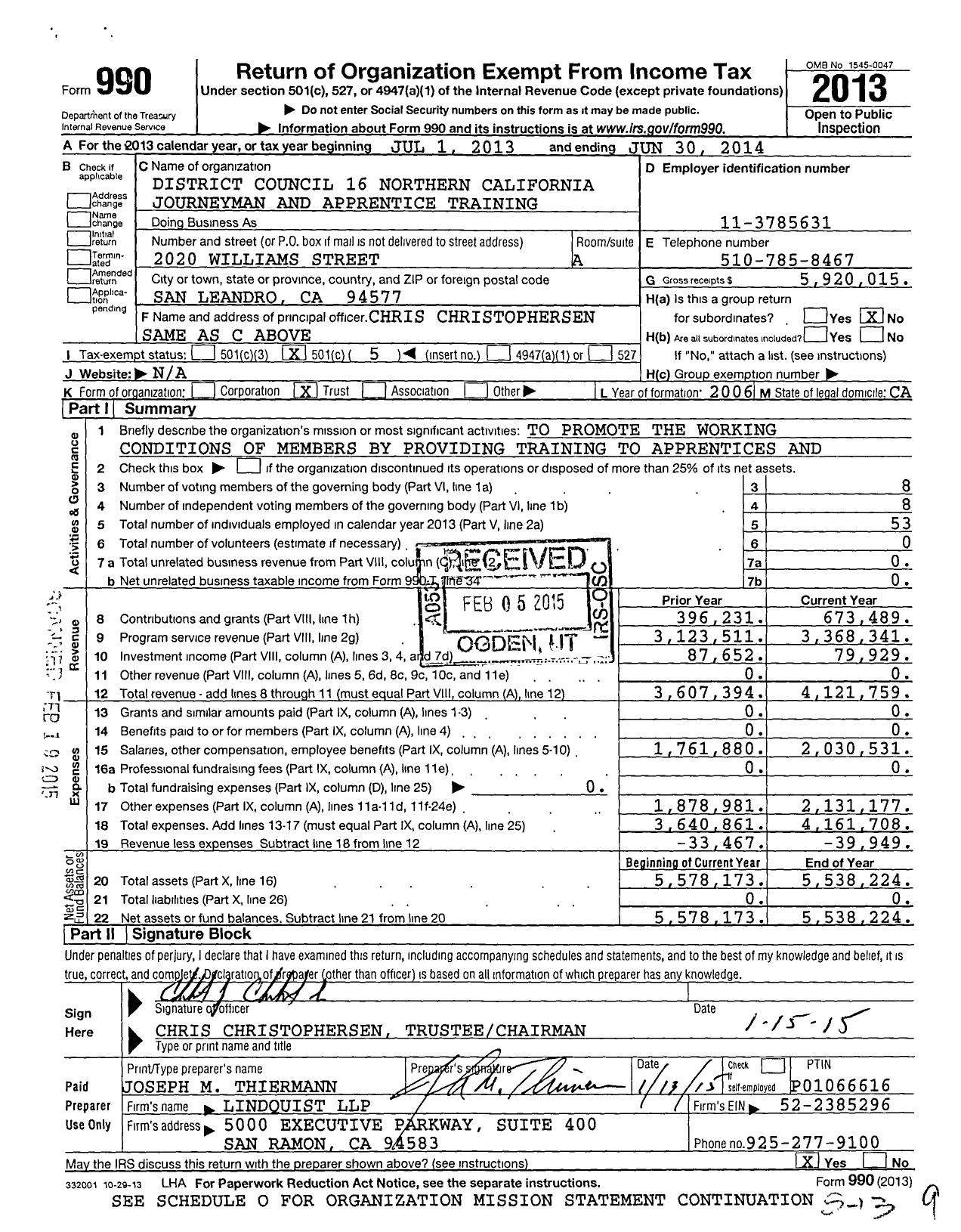 Image of first page of 2013 Form 990O for District Council 16 Northern California Journeyman and Apprentice Training Trust Fund