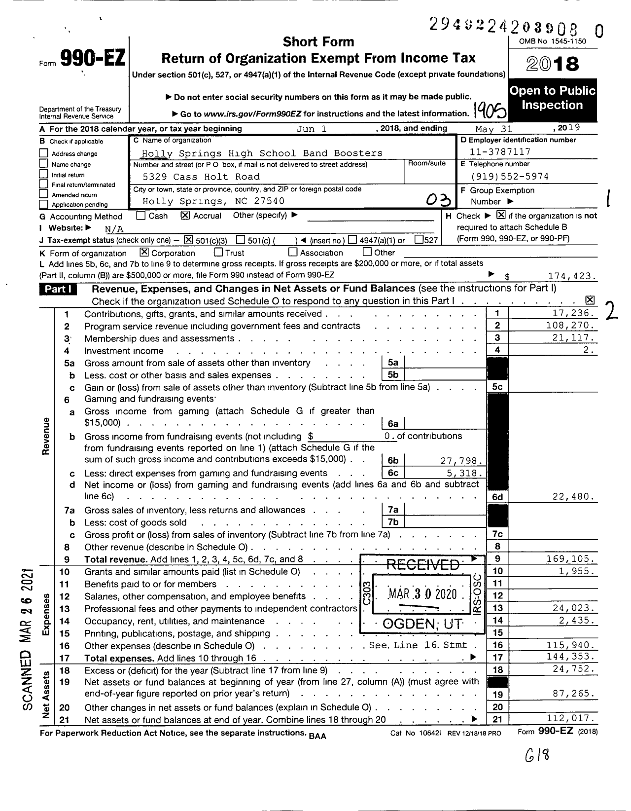 Image of first page of 2018 Form 990EZ for Holly Springs High School Band Boosters